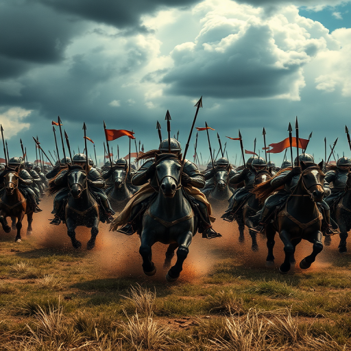 A dramatic scene of armored cavalry charging through a battlefield under a stormy sky, with arrows flying and dust swirling around, captured with a Canon EOS R5, 24mm lens, f/2.8 aperture, ISO 800, and a shutter speed of 1/2000 sec, in a high dynamic range style for enhanced detail and contrast.