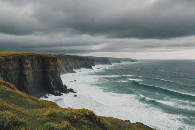 Scenic coastline with dramatic cliffs and crashing waves, a lone figure standing at the edge, taking in the breathtaking view of the ocean under a cloudy sky, creating a sense of adventure.