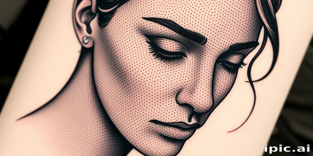 Stipple shading tattoo named "Pointillism Portrait" using countless tiny dots to create gradients and textures, forming a detailed portrait with a unique textural quality