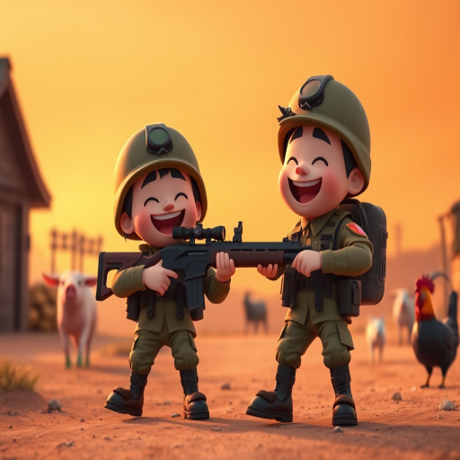 Generate an animated scene of two cartoon soldiers joyfully holding a shotgun, with a pink pig running in the background, a goat and rooster nearby, set against a gradient orange sky, using a Canon EOS R5 with a 24-70mm lens, f/4 aperture, 1/250s shutter speed, and ISO 200 for enhanced clarity and color vibrancy.