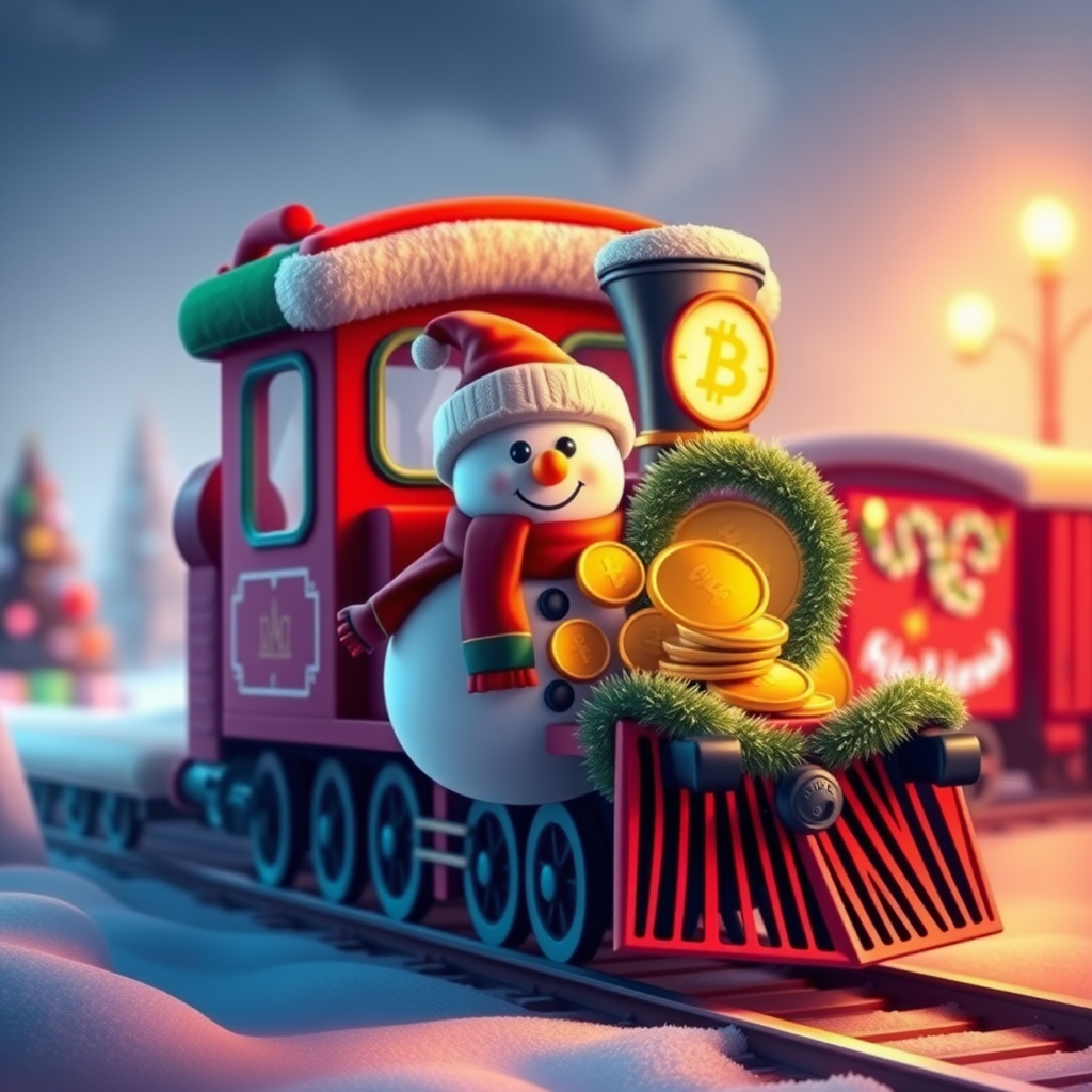 Create a vibrant digital illustration of a colorful Christmas train with a snowman in the front, carrying large gold coins, set against a softly glowing background with a subtle gradient; use a Canon EOS R5 camera with an aperture of f/2.8, ISO 100, and a 50mm lens for sharp detail and rich colors.