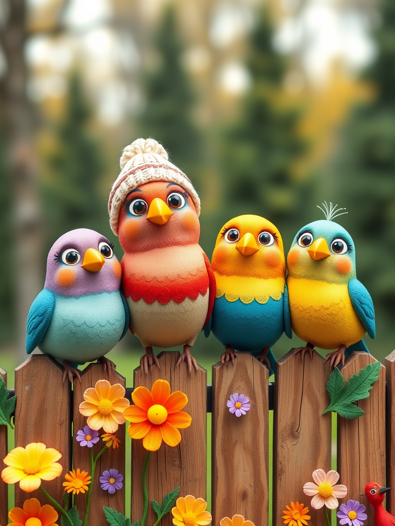 create a scene of 4 quirky  whimsical colourful comical birds each with a funny expression. they are sat on a wooden fence with colourful flowers. they are all different sizes. each one is a different colour  one is wearing a woolly hat. Each one has a different quirky google expression and there is a muted background of trees watercolour paintierly style high definition 8k resolution 3D paper mache