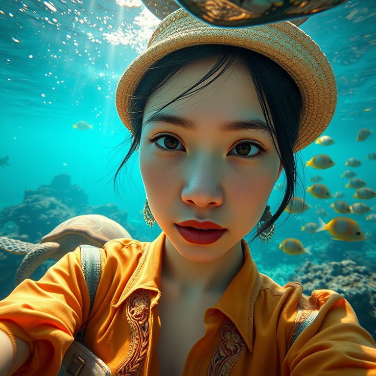 Realistic selfie image of a Vietnamese, wearing a vintage outfit, detailed dreamy eyes, droopy hooded eyes, staring at the camera, taken underwater at coral reef with a sunbeam filtering through the water, vibrant, summer vacation, natural lighting, turtle and school of tropical fish with vibrant colors, rendered in the style of CryEngine, Pegi Nicol MacLeod, with realistic genre scenes, hauntingly beautiful narratives, ultra-realism, and Thomas Saliot's close-up technique, 8K resolution, crystal clear and sparkling water.