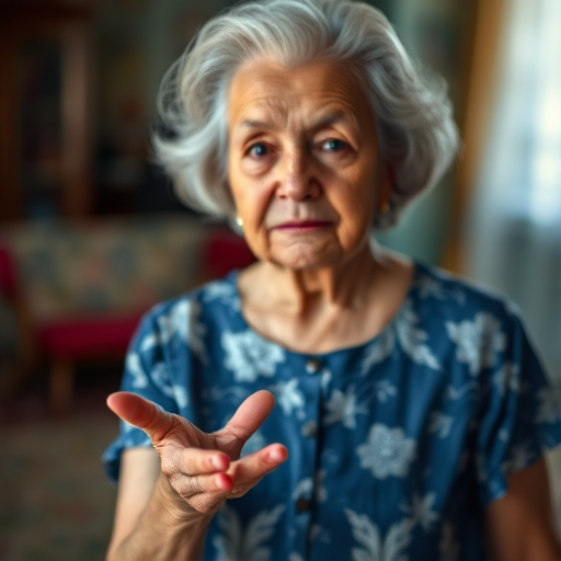Create a highly detailed portrait of an elderly woman with gray hair, wearing a blue floral dress, with a soft focus background that emphasizes her outstretched hand, captured with a DSLR camera at f/2.8, ISO 100, 50mm lens, natural light, and a slight vignette effect for depth enhancement.