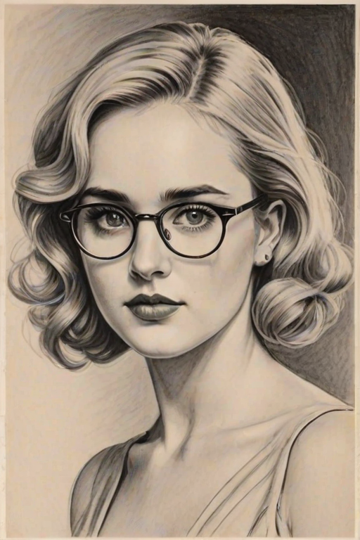 Bewitching Kathryn Newton, pencil sketch, portrait of Alluring woman 1935s in glasses, hair style beatnik, outline, clear lines, fine lines, 8k