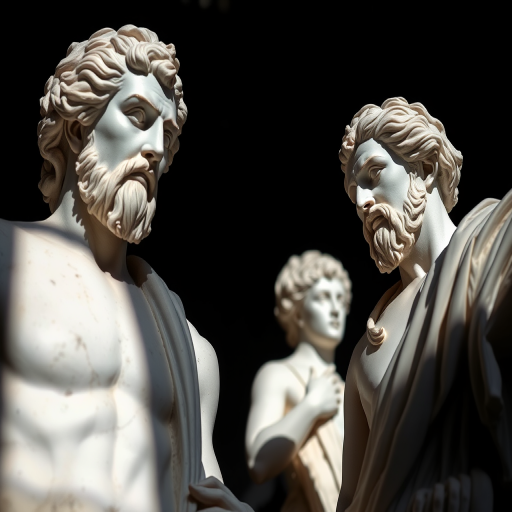 Capture a high-resolution image of three marble sculptures in a dramatic interplay of light and shadow, using a DSLR camera with a 50mm lens, aperture set to f/1.8 for a shallow depth of field, ISO 200 to reduce noise, and a low-angle perspective to emphasize the details and expressions of the statues against a dark background.