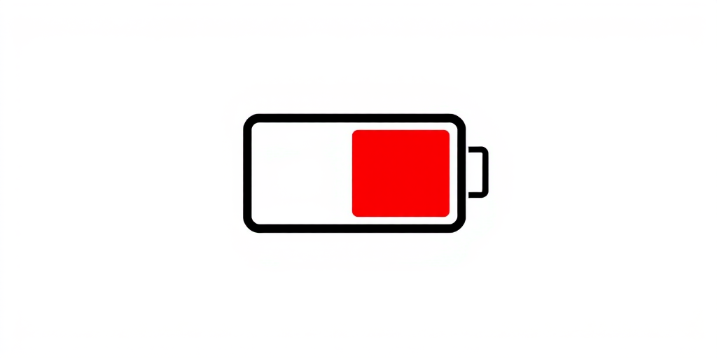 A simple illustration of a battery icon showing 1 percent charge with a red section indicating low battery on a plain white background.