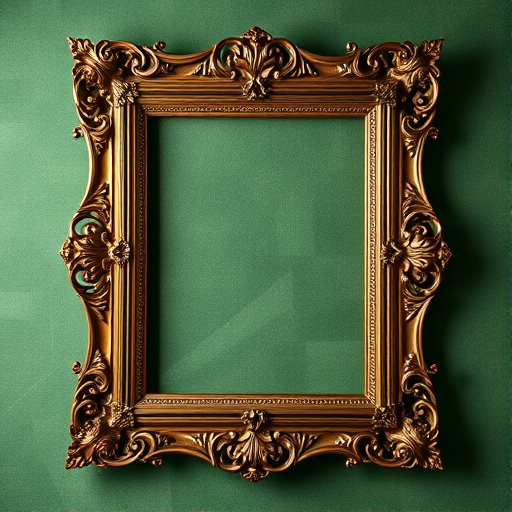 Generate a high-resolution image of an ornate picture frame with a textured green background, 50mm lens, f/4 aperture, ISO 100, natural light from a soft window source, shot in a studio setting with a shallow depth of field to enhance the details of the frame.