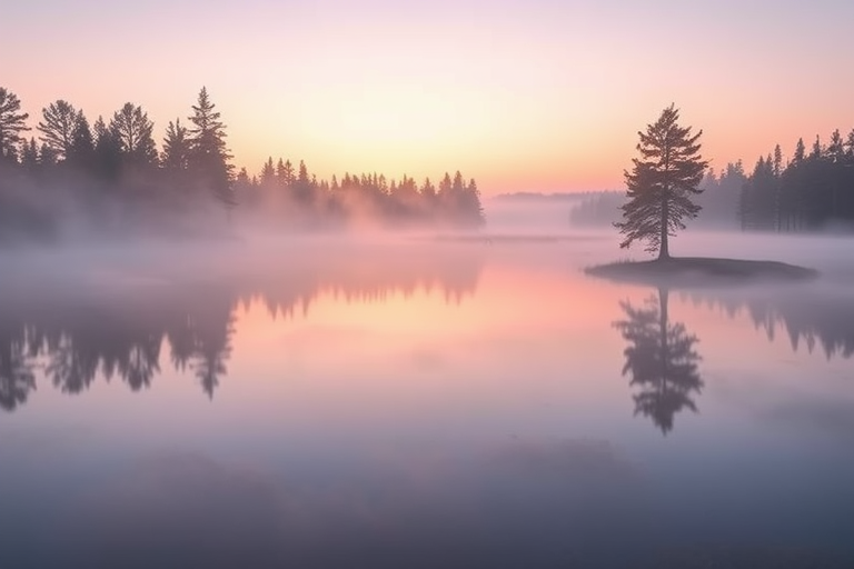 Create an image of a serene landscape at sunrise featuring mist over a calm lake surrounded by pine trees, captured with a DSLR camera at f/8 aperture, ISO 100, 1/200 shutter speed, with a wide-angle lens at 24mm, using a soft focus style for a dreamy effect.