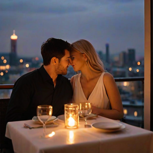 Warmly lit image of a couple sharing a romantic candlelit dinner on a balcony overlooking a city skyline, soft glow from the candles casting warm shadows on their faces, with distant lights twinkling in the background.