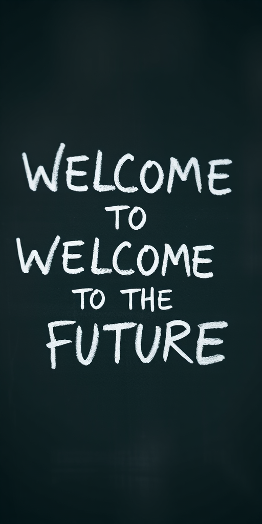 Create an image of the phrase "WELCOME TO THE FUTURE" written in white chalk on a black chalkboard with a shallow depth of field, 50mm lens, f/1.8 aperture, ISO 100, and a slight vignette effect to enhance focus on the text.