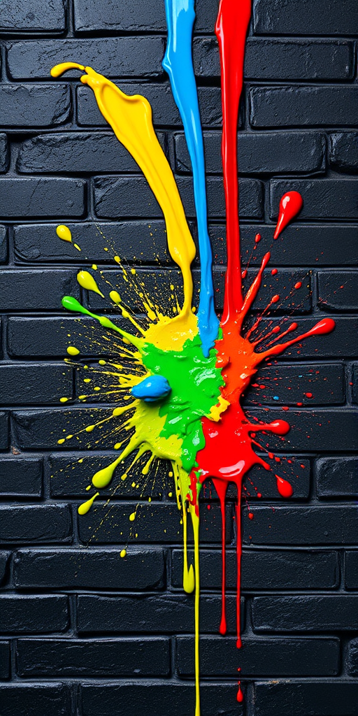 Create a vibrant splash of paint in bright colors like yellow, green, blue, and red on a textured black brick wall background, captured with a DSLR camera, ISO 100, aperture f/2.8, shutter speed 1/200s, with a macro lens to enhance details and saturation.