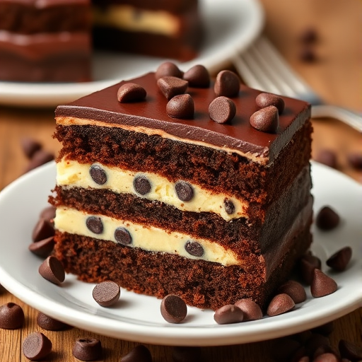 A slice of rich chocolate cake with layers of creamy frosting and a light fluffy filling featuring chocolate chips on a white plate surrounded by chocolate chips and a fork in the background.