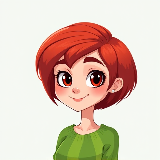 Create a digital illustration of a cartoon woman with short red hair, large expressive eyes, and a subtle smile, wearing a green sweater, vibrant colors, high contrast, with a clean background, shot with a DSLR camera using a 50mm lens at f/2.8 aperture, ISO 200, and in natural lighting for sharp detail and rich color.