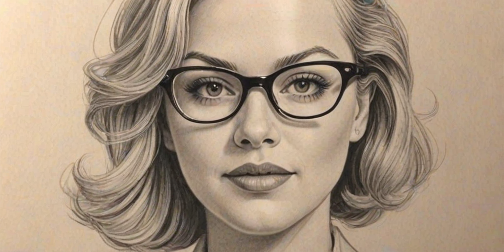 Radiant Kirsten Storms, pencil sketch, portrait of Fascinating woman 1938s in glasses, hair style beatnik, outline, clear lines, fine lines, 8k