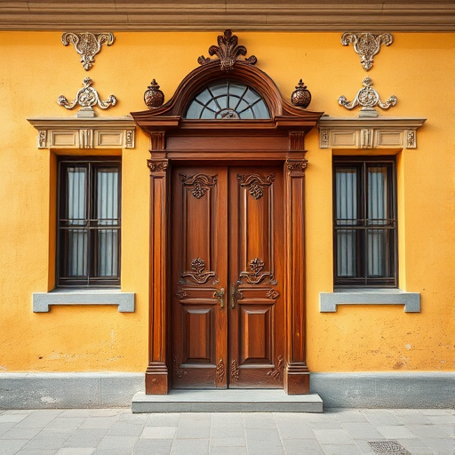 Generate a high-resolution image of an ornate wooden door set in a textured yellow wall with decorative plasterwork and barred windows, using a DSLR camera, aperture f/8, shutter speed 1/125s, ISO 200, focal length 24mm, natural lighting, and a wide-angle view to capture the architectural details.
