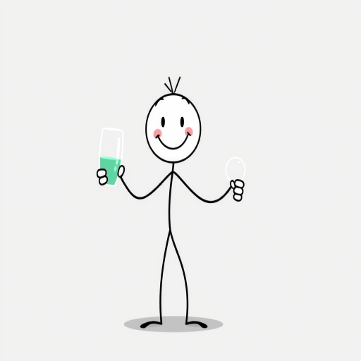 create a simple stick figure character holding a glass in an animated style with a happy expression and a minimalistic design
