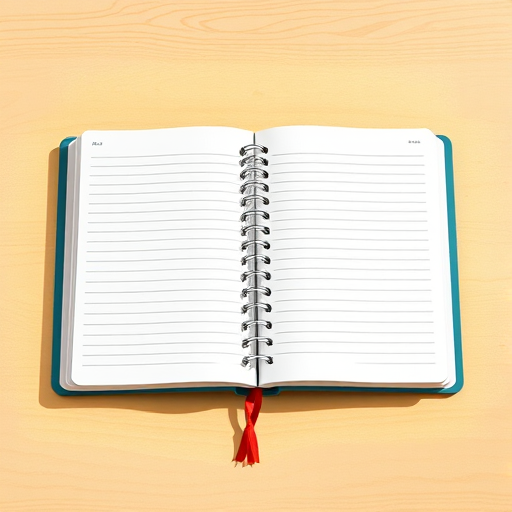 Create a high-resolution illustration of an open notebook with lined pages and visible spiral binding, captured with a DSLR camera at f/8 aperture, ISO 100, 50mm focal length, in a top-down view using natural lighting for enhanced clarity.
