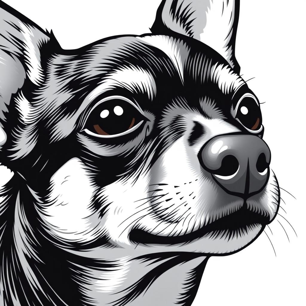Create a detailed, high-contrast illustration of a Chihuahua's face with sharp lines and textures, shot using a Canon EOS R5 at f/8, 50mm lens, with a slight vignette effect to enhance focus on the subject and a white background for contrast.