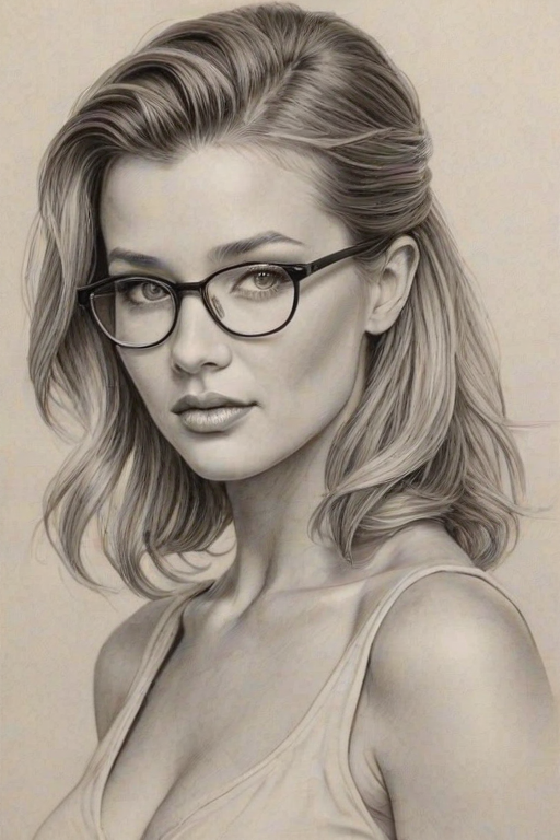 Pleasing Joanna Krupa, pencil sketch, portrait of Attractive woman 1923s in glasses, hair style beatnik, outline, clear lines, fine lines, 8k