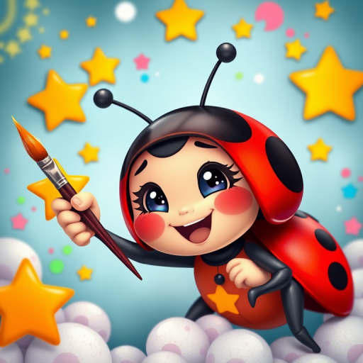 A cute cartoon ladybug character painting stars with a paintbrush, vibrant colors, whimsical clouds, and a joyful expression, captured with a Canon EOS R6, 35mm lens, f/2.8 aperture, soft focus, vibrant color profile, top-down view.