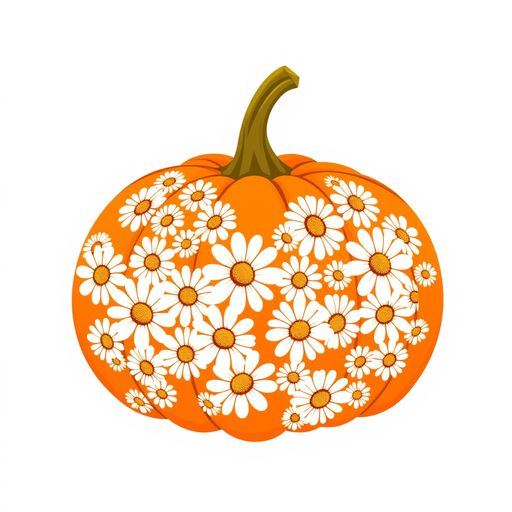 a whimsical orange pumpkin with white daises pattern covering the pumpkin. Solid white background sublimation vector 3000dpi 32k