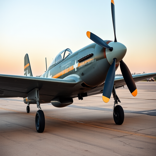 A vintage World War II fighter plane on a tarmac, side view, taken with a DSLR camera at f/2.8 aperture, ISO 100, 50mm lens, with a shallow depth of field to focus on the plane while softly blurring the background.