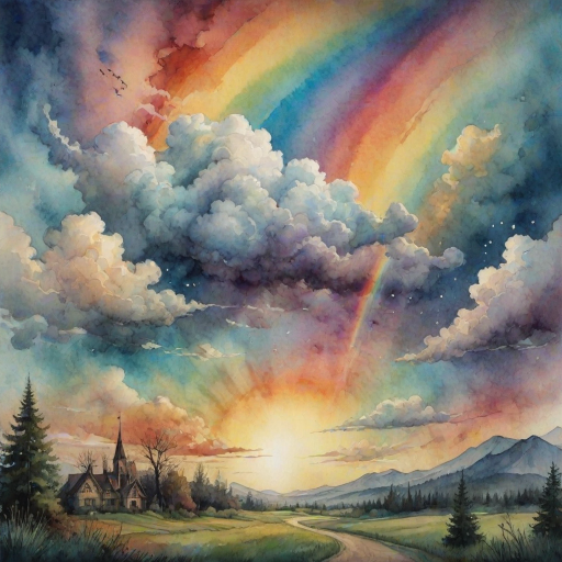 A whimsical and surreal sky with a vibrant rainbow, featuring dramatic lighting effects and a textured watercolor background, with a touch of gothic aesthetic.