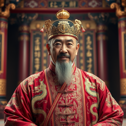 Regenerate a portrait of a majestic emperor in an ornate traditional robe with intricate dragon designs in a grand palace setting, emphasizing rich colors and textures, with soft natural lighting, using a DSLR camera, f/2.8 aperture, 50mm lens, and a depth of field effect to enhance the focus on the subject.