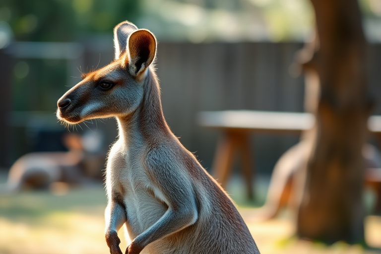 A kangaroo standing in profile, focused on its profile, soft natural lighting, shallow depth of field, 85mm lens, f/2.8 aperture, ISO 100, taken with a DSLR camera, outdoor setting with blurred background elements.