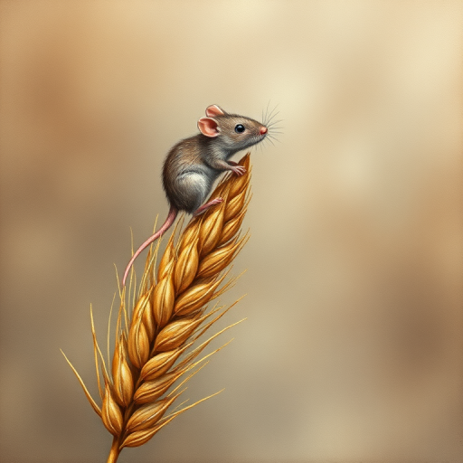 Soft, muted Alcohol Ink with ebru effect background image of tiny whimsical rat, who climbed high on the top of a golden rye ear.