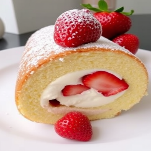 Strawberry cream roll cake with a soft yellow sponge filled with fresh strawberries and cream dusted with powdered sugar displayed on a white plate.