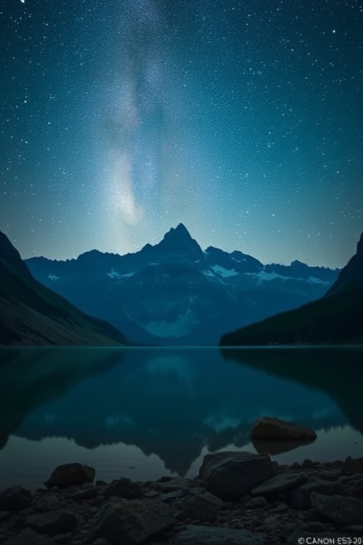 capture a serene mountain landscape under a starry night sky with a calm lake reflecting the scene, use a Canon EOS R5 with a 24mm f/1.4 lens at ISO 800, aperture f/4, shutter speed 15 seconds, apply twilight color grading for a dreamy effect