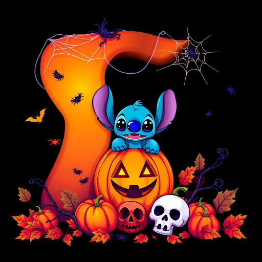 A whimsical and vibrant Halloween-themed digital illustration featuring the letter "S" adorned with spider webs, small bats, and cute spiders. At the base of the letter, a playful alien character similar to Stitch is peeking out from inside a carved pumpkin with glowing eyes, surrounded by additional pumpkins, a small skull, and autumn leaves. The letter is gradient-colored from orange to purple, adding a magical atmosphere to the scene, black background
