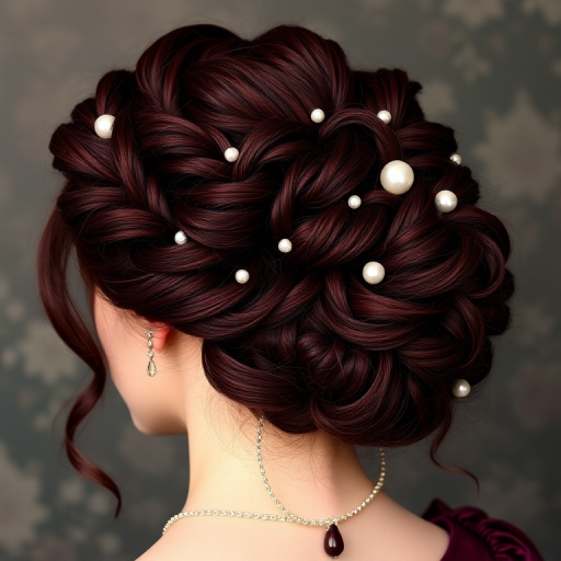 Deep burgundy locks fashioned into an elaborate, Renaissance-inspired updo with braided coils and pearl embellishments, embodying regal "Wine and Roses" elegance