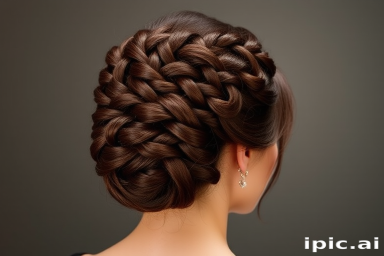 Rich mahogany brown hair styled in a sleek, low chignon with an intricate braided crown, embodying timeless elegance in the "Regal Empress" updo