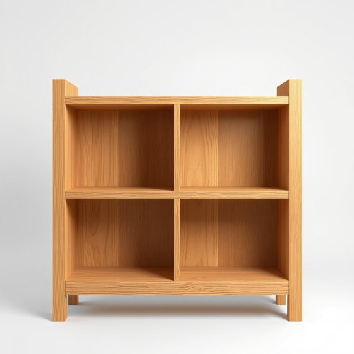 Create a highly detailed digital rendering of a wooden shelving unit with four open shelves, captured using a DSLR camera with a 50mm lens at f/2.8, in a bright, even lighting setup, from a straight-on view to emphasize the texture and grain of the wood.