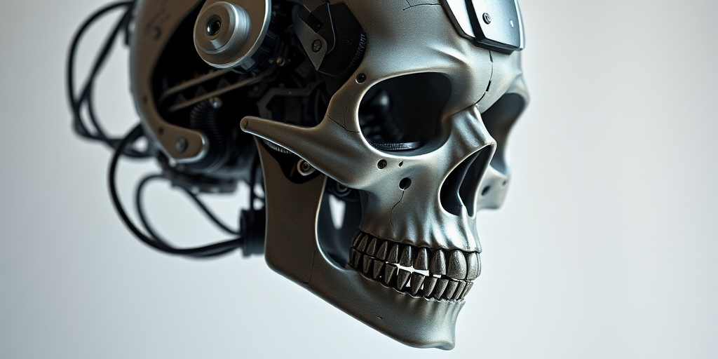 Create a highly detailed image of a futuristic robotic skull with intricate mechanical components, captured in a studio setting using a DSLR camera with a 50mm f/1.8 lens, shutter speed 1/100s, ISO 100, soft diffused lighting, and a shallow depth of field.