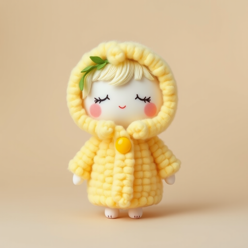 A cute doll resembling a *cereal*, dressed in a fluffy yellow coat that mimics the texture of corn kernels. The doll has soft, closed eyes and light blonde hair, adorned with green leaves and a yellow button at the collar. The background is a soft beige to complement the colors of the doll, and the overall style is whimsical and pastel, emphasizing a cozy, huggable appearance.