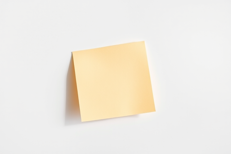 Create a flat lay image of a sticky note on a smooth, neutral-colored surface, using a Canon EOS R5, aperture f/2.8, ISO 100, shutter speed 1/200s, natural light for enhanced clarity and contrast.