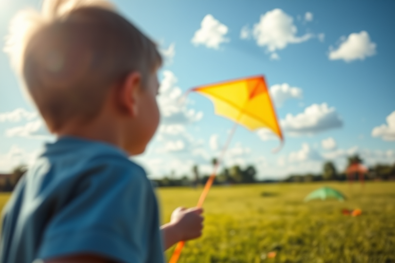 Blurry candid shot of a young boy with a kite in a grassy park, sunlight illuminating the vibrant colors of the kite, with fluffy clouds drifting in the blue sky.