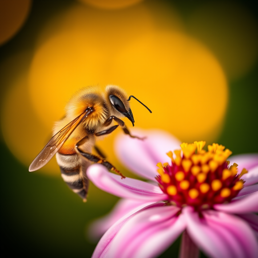 macro shot of a bee on a flower with golden bokeh background, aperture f/2.8, shutter speed 1/200s, ISO 100, side view, DSLR camera, soft focus technique