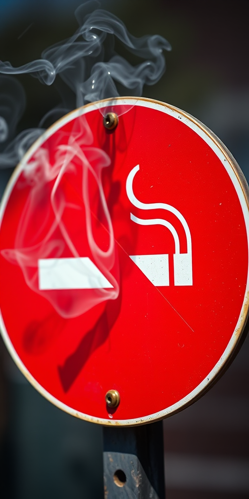 Create a high-resolution image of a "No Smoking" sign featuring a cigarette with smoke, using a Canon EOS 5D Mark IV camera, 50mm lens, aperture f/8, ISO 100, natural light, and centered composition for clarity and impact.