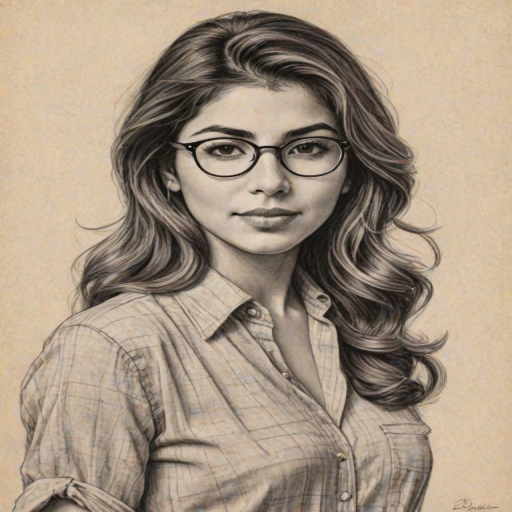 Magnificent Daniella Monet, pencil sketch, portrait of Splendid woman 1945s in glasses, hair style beatnik, outline, clear lines, fine lines, 8k