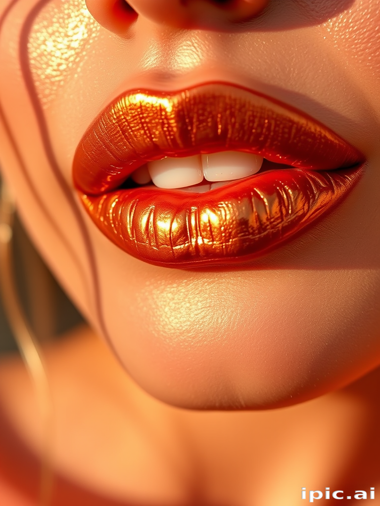 Metallic bronze lips gleam with sun-kissed radiance in the "Golden Hour Glow" look, featuring a warm, shimmering finish that captures the essence of late afternoon sunlight, creating a luxurious and flattering lip color that complements a wide range of skin tones and adds a touch of glamour to any makeup look
