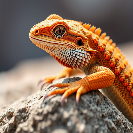 A close-up of a Bearded Dragon lizard perched on a rock, with vivid orange and brown scales, sharp details, natural lighting, aperture f/2.8, shutter speed 1/200s, ISO 100, 50mm lens, shallow depth of field, macro photography style.
