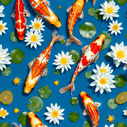 Create a vibrant pattern featuring koi fish swimming among white and yellow water lilies against a blue background, captured with a Canon EOS R5, 50mm lens, f/8 aperture, ISO 100, in natural light for clarity and detail.