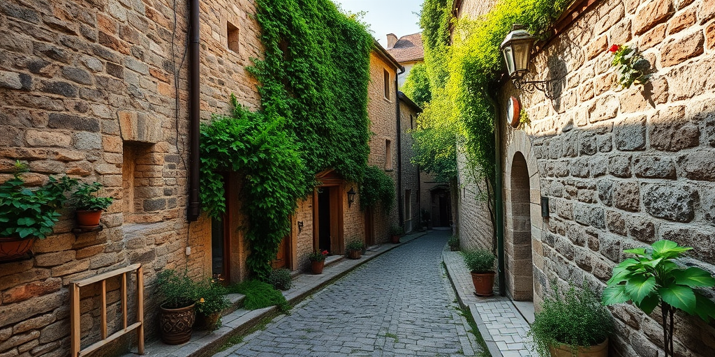 narrow cobblestone alleyway in a rustic village with stone buildings overgrown with greenery, soft natural lighting, DSLR camera, f/5.6 aperture, 24mm lens, ISO 200, 1/125 sec shutter speed, vibrant colors, high dynamic range, wide-angle view, daytime setting