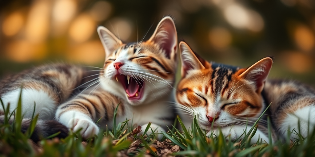 Create a high-resolution image of two cats resting on grass, one yawning and the other sleeping, with a shallow depth of field, warm lighting, and a soft bokeh background, shot with a DSLR camera at 50mm, f/1.8 aperture, ISO 200, and a low angle perspective.