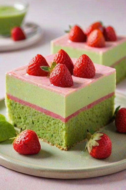 Create an image of a rectangular dessert with a light green base layered with a pink topping. The surface should be smooth and decorated with chopped red strawberries on top. The dessert should be cut into square pieces, with a portion already removed to reveal the layers. There should be a sprinkle of green matcha powder on top for decoration.